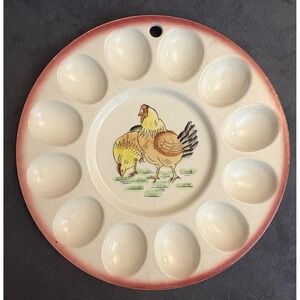 Vintage Rooster Hen Deviled‎ Egg Plate 12 Egg Ceramic Farmhouse Tray 1950s